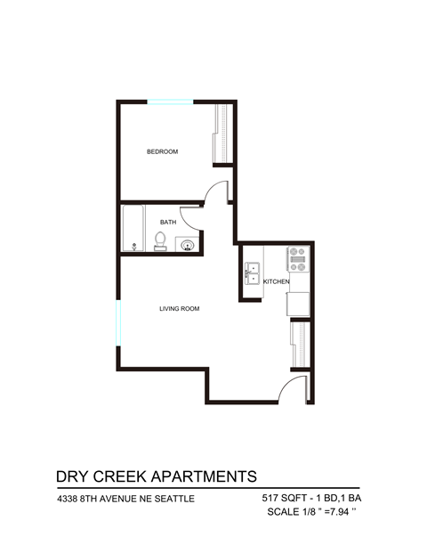 Floor plan for 1 bed, 1 bath, 425 sqft